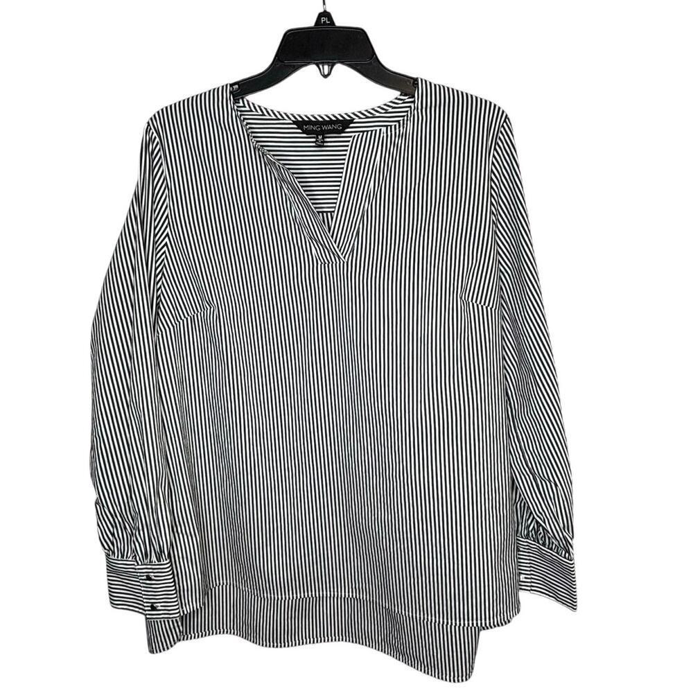 Ming Wang Woven Gray & White Striped Popover Long Sleeve Top Size Medium